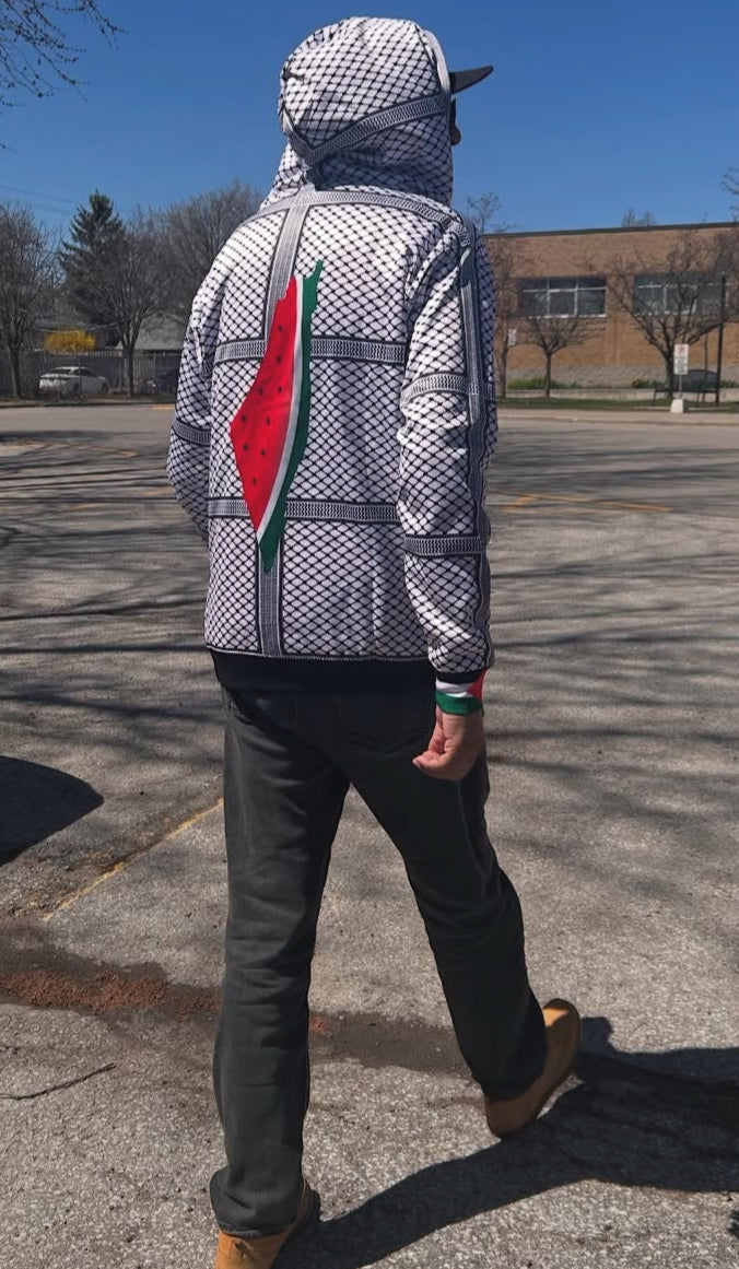 Keffiyeh-inspired zip up jackets with hood