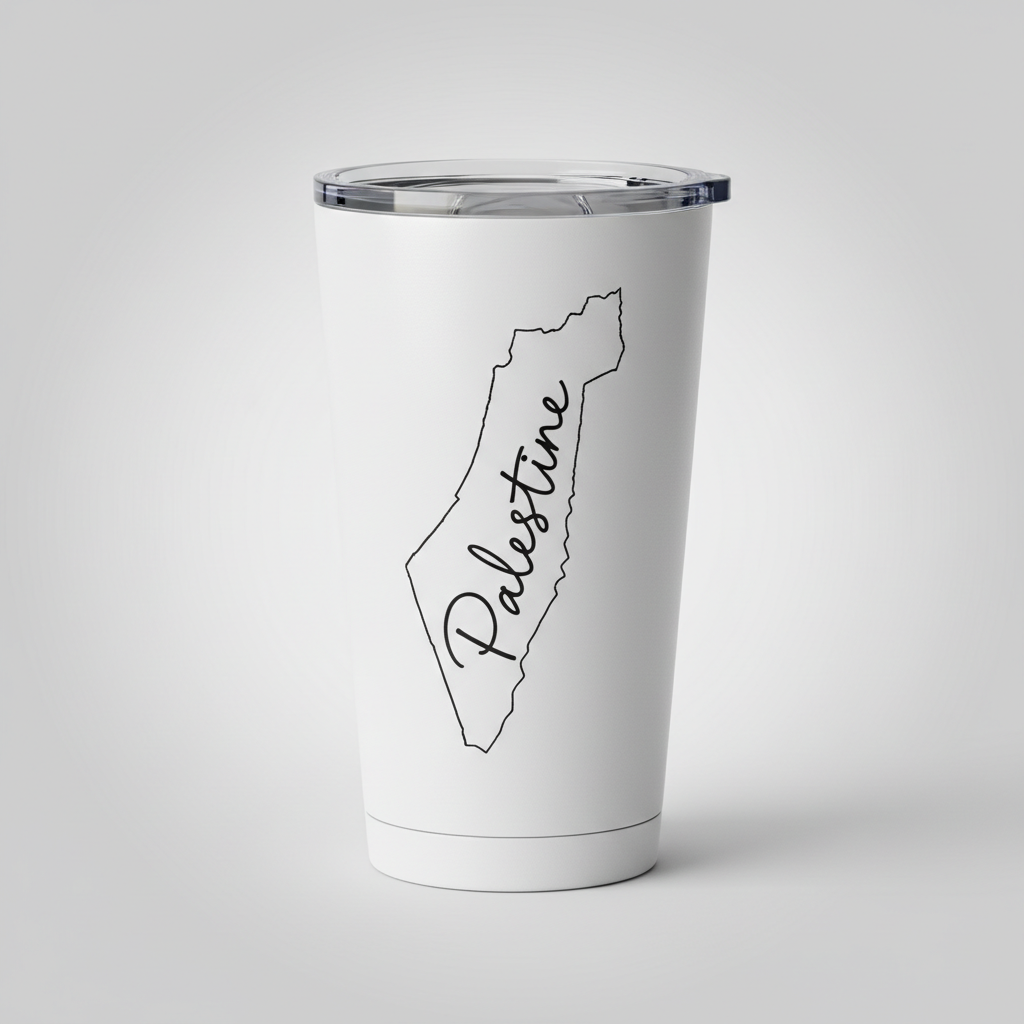 White insulated tumbler with Palestine map design