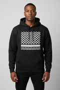 Professional model wearing black keffiyeh hoodie