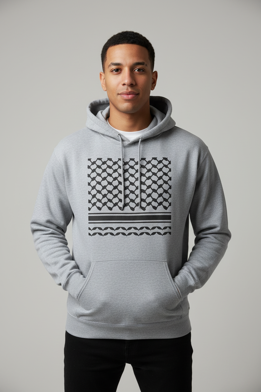 Professional model wearing gray keffiyeh hoodie
